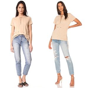 HAUTE HIPPIE Lace Up Slub Tan Tee Shirt Size SMALL Oversized Casual